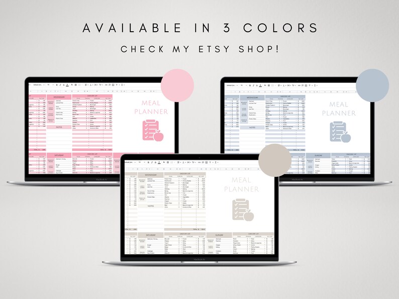 May include: Three screenshots of a digital meal planner on a laptop screen. The planner is available in three colors: pink, blue, and beige. The text "MEAL PLANNER" is visible on each screen.