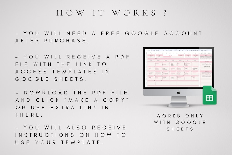 May include: A digital instructional graphic titled HOW IT WORKS? detailing steps for a Google Sheets template. It includes text about needing a Google account, receiving a PDF with a link, clicking MAKE A COPY, and instructions, plus a computer monitor icon.