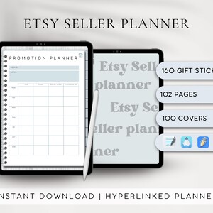 May include: A digital planner for Etsy sellers with a blue and white color scheme. The planner includes 102 pages, 100 covers, and 160 gift stickers. The text "PROMOTION PLANNER" is visible on the screen.
