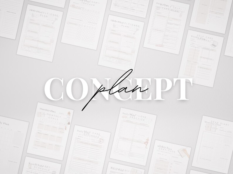 May include: A collection of printable planner pages with the word "CONCEPT plan" in large white letters on a light gray background.