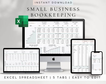 May include: A computer screen displaying an Excel spreadsheet with the title "Small Business Bookkeeping". The spreadsheet has five tabs, including "Income", "Expenses", "Profit", "Tax", and "Summary". The spreadsheet is designed to help small business owners track their finances.
