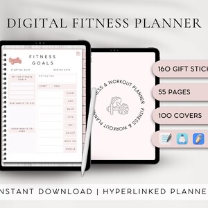 Puede incluir: Planificador de fitness digital que se muestra en dos tabletas. Una tableta muestra una plantilla de objetivos de fitness con secciones para objetivos, hábitos y medidas. La otra tableta muestra las características del planificador, incluyendo 160 pegatinas de regalo, 55 páginas y 100 cubiertas.