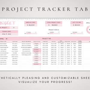 May include: A pink and white spreadsheet with the title "Project Tracker Tab". The spreadsheet is used to track project progress, including project name, client name, project description, project status, start date, end date, total project cost, amount paid, left to pay, invoice number, and notes.