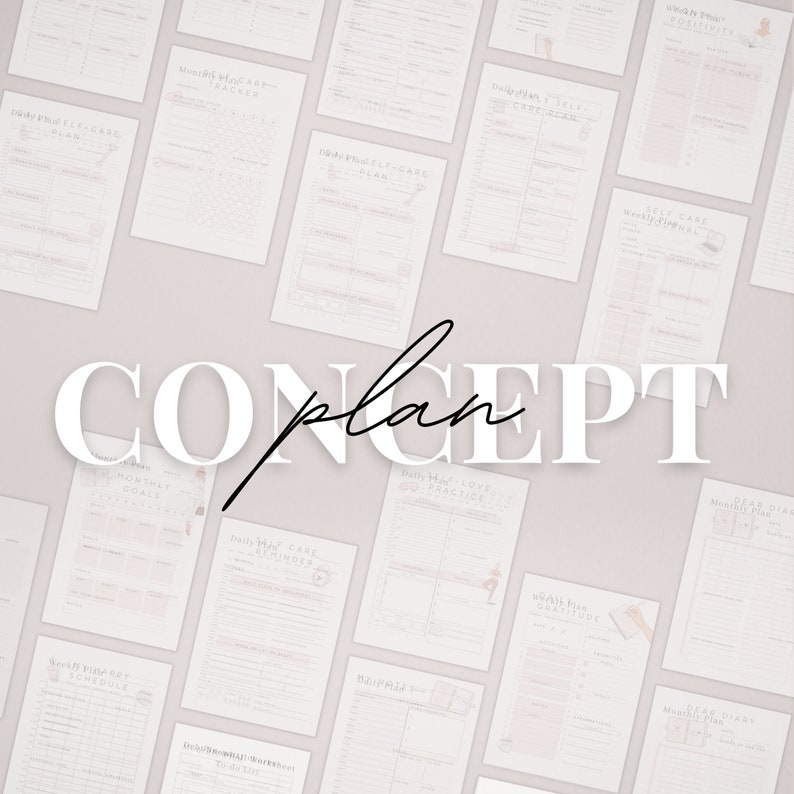 May include: A collection of printable self-care planner pages with titles such as "Daily Self-Care Checklist", "Daily Mood Tracker", "Daily Self-Love Practice", and "Weekly Meal Plan". The pages are designed in a pink and white colour scheme and feature a handwritten font.