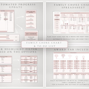May include: A digital family chore chart and to-do list spreadsheet template featuring automated progress updates, task highlight filters, a weekly leaderboard, and an award tab. The interface uses a soft pink and white colour scheme with clear tables for tracking tasks, priorities, and member completion status across four weeks.