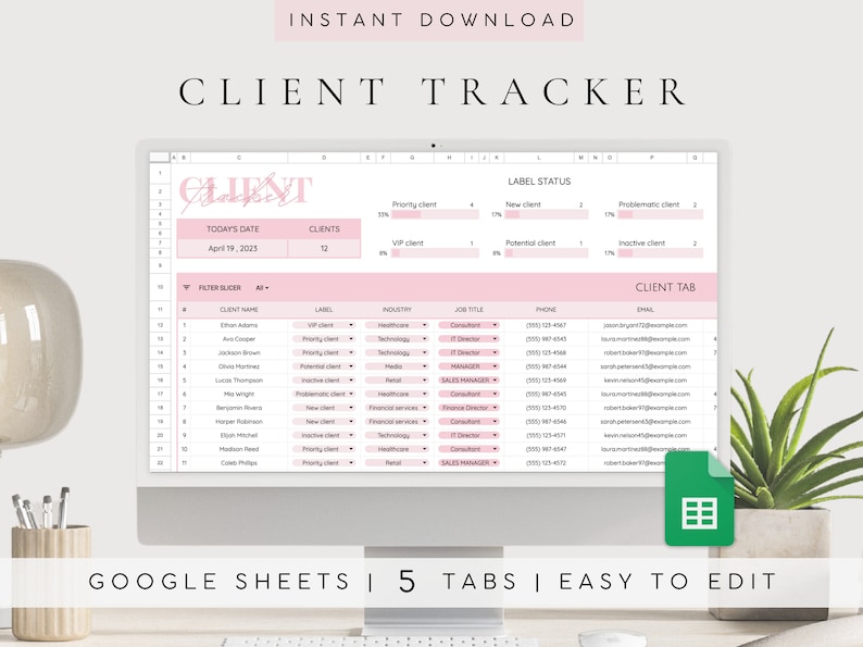 May include: A computer screen displaying a Google Sheets spreadsheet with a pink and white color scheme. The spreadsheet is titled "Client Tracker" and includes columns for client name, label, industry, job title, phone number, and email address. The spreadsheet also includes a tab labeled "Client Tab".