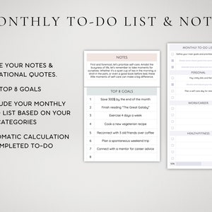 May include: A printable monthly to-do list and notes template with a gray and white color scheme. The template includes sections for writing notes, motivational quotes, top 8 goals, and a monthly to-do list with categories for personal, work/career, and health/fitness.