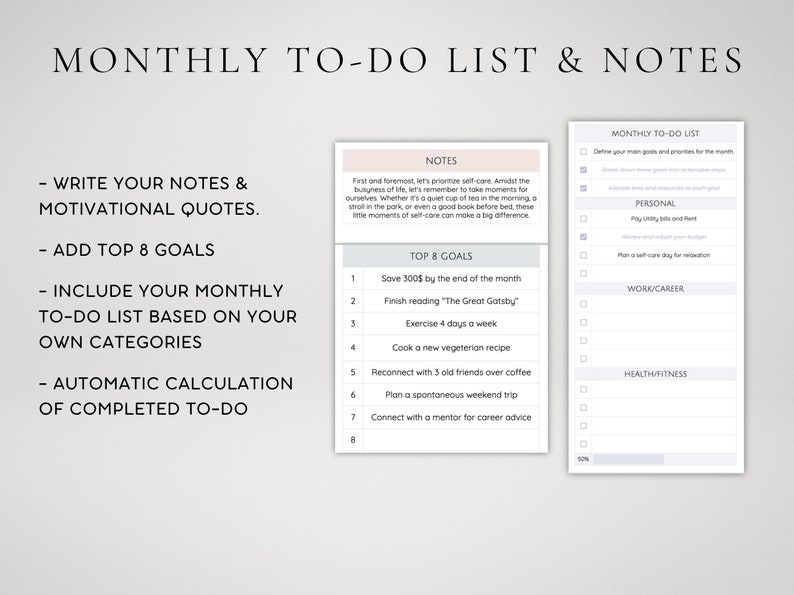 May include: A printable monthly to-do list and notes template with a gray and white color scheme. The template includes sections for writing notes, motivational quotes, top 8 goals, and a monthly to-do list with categories for personal, work/career, and health/fitness.