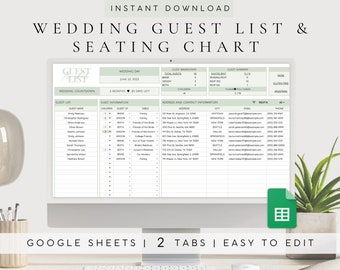Hochzeitsplanungs-Tabelle | Gästeliste | Sitzplan-Vorlage | Digitale Hochzeitseinladung | Antwortmöglichkeit