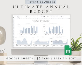Budget Spreadsheet | Ultimate Annual Budget Spreadsheet Google Sheets | Personal Finance Monthly Financial Planner | Savings Debt Template