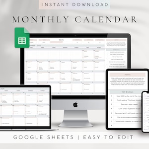 Monthly Calendar Spreadsheet Template Google Sheets | Task Tracker | Daily Calendar | Digital Calendar 2024 2025 | To-Do List | Goal Tracker