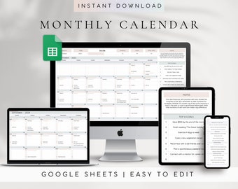 Monthly Calendar Spreadsheet Template Google Sheets | Task Tracker | Daily Calendar | Digital Calendar 2024 2025 | To-Do List | Goal Tracker