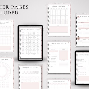 May include: A set of printable planner pages with a pink and white color scheme. The pages include a sleep tracker, monthly budget, daily self-care tracker, self-love challenge, mood tracker, weekly trackers, my mental need, my physical need, and a January plan.