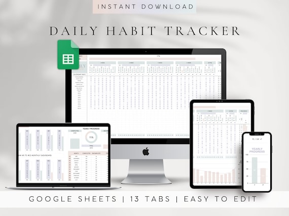 Daily Habit Tracker Spreadsheet | Monthly Progress Google Sheets Planner