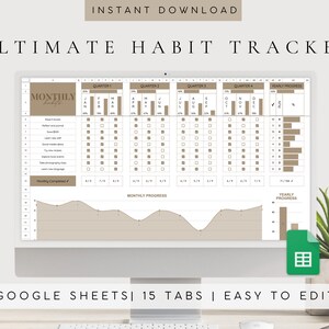 Modèle de feuille de calcul Habit Tracker pour Google Sheets | Suivi de la productivité | Planificateur de soins personnels | Planificateur de bien-être | Quotidien, hebdomadaire, mensuel