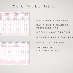 Puede incluir: Una hoja de c&aacute;lculo digital de seguimiento de h&aacute;bitos con detalles en rosa que incluye un rastreador semanal y mensual. El texto dice: YOU WILL GET, DAILY HABIT TRACKER, DAILY HABIT TRACKER PROGRESS TAB, WEEKLY HABIT TRACKER, MONTHLY HABIT TRACKER, INSTRUCTIONS TAB, AUTOMATIC CALCULATIONS.