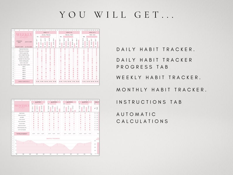 Puede incluir: Una hoja de c&aacute;lculo digital de seguimiento de h&aacute;bitos con detalles en rosa que incluye un rastreador semanal y mensual. El texto dice: YOU WILL GET, DAILY HABIT TRACKER, DAILY HABIT TRACKER PROGRESS TAB, WEEKLY HABIT TRACKER, MONTHLY HABIT TRACKER, INSTRUCTIONS TAB, AUTOMATIC CALCULATIONS.
