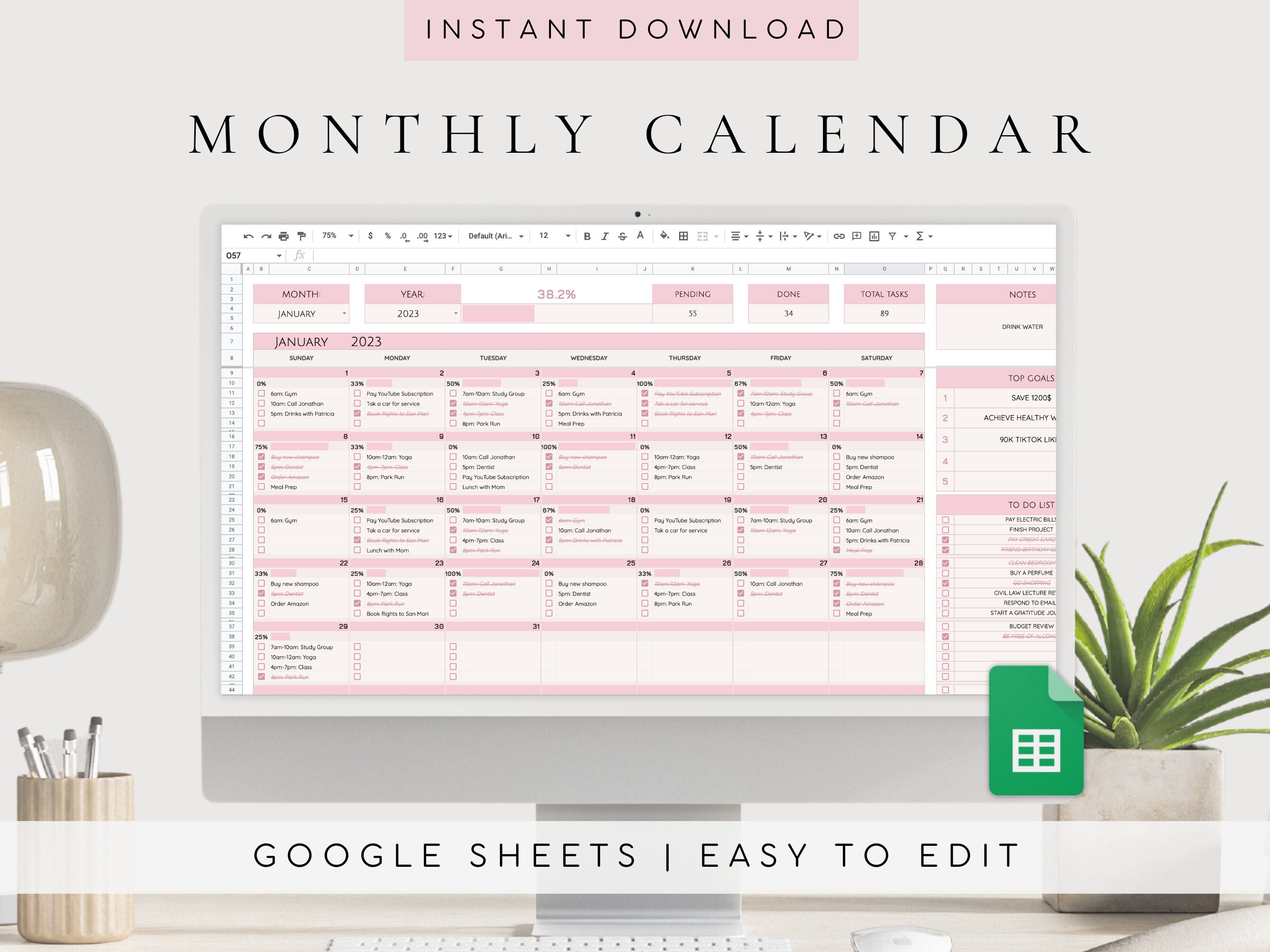 2023 Calendar Spreadsheet Google Sheets Monthly Calendar Etsy