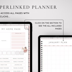 May include: A digital planner app interface with a home page and a monthly calendar view. The home page has sections for daily, weekly, monthly, and yearly trackers, as well as a budget tracker, travel planner, self-care planner, and challenge list. The monthly calendar view shows the month of January.