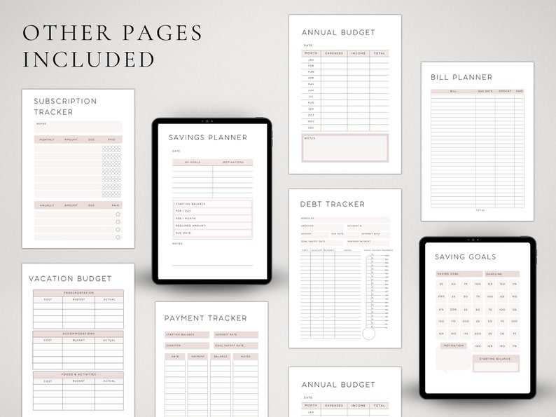 Op de afbeelding: Een verzameling digitale financi&euml;le planningssjablonen, waaronder een abonnemententracker, spaarplanner, jaarbudget, factuurplanner, schuldentracker, vakantiebudget, betalingstracker en spaardoelen, weergegeven op tablets en vellen papier.