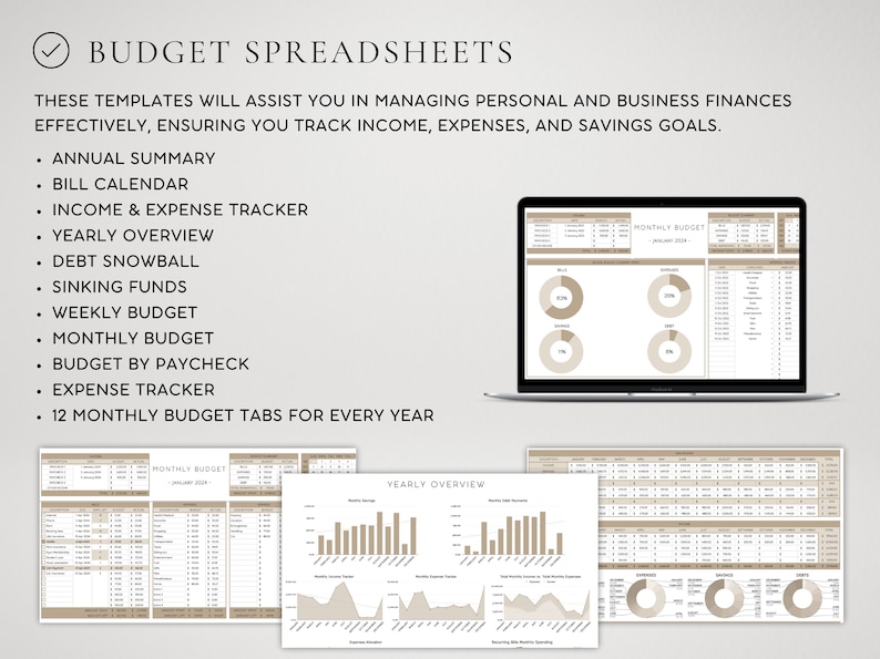 K&ouml;nnte beinhalten: Ein Laptop-Computer zeigt eine Budget-Tabelle mit einem Monatsbudget, einer Jahres&uuml;bersicht und einem Ausgaben-Tracker. Die Tabelle ist mit Registerkarten f&uuml;r jeden Monat des Jahres organisiert. Die Tabelle soll Benutzern helfen, ihre Einnahmen, Ausgaben und Sparziele zu verfolgen.