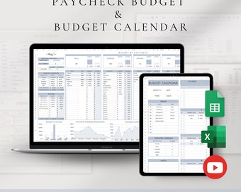 Puede incluir: Una plantilla de presupuesto digital para Google Sheets y Microsoft Excel. La plantilla tiene dos pestañas: "Presupuesto por cheque de pago" y "Calendario de presupuesto". La pestaña "Presupuesto por cheque de pago" incluye secciones para facturas, gastos, ahorros y deudas. La pestaña "Calendario de presupuesto" incluye una vista de calendario para realizar un seguimiento de los gastos y una sección para la descripción general de las categorías. La plantilla es fácil de editar y personalizar.