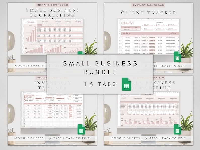 May include: A digital product bundle for small businesses, featuring 13 tabs in Google Sheets. The bundle includes templates for bookkeeping, client tracking, and inventory tracking. The image shows a computer screen displaying the templates, with a pink and white color scheme.