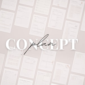Puede incluir: Una colecci&oacute;n de p&aacute;ginas de planificador imprimibles con la palabra "CONCEPT plan" en texto blanco sobre un fondo rosa claro. Las p&aacute;ginas incluyen secciones para el cuidado personal diario, objetivos mensuales, gratitud diaria y m&aacute;s.