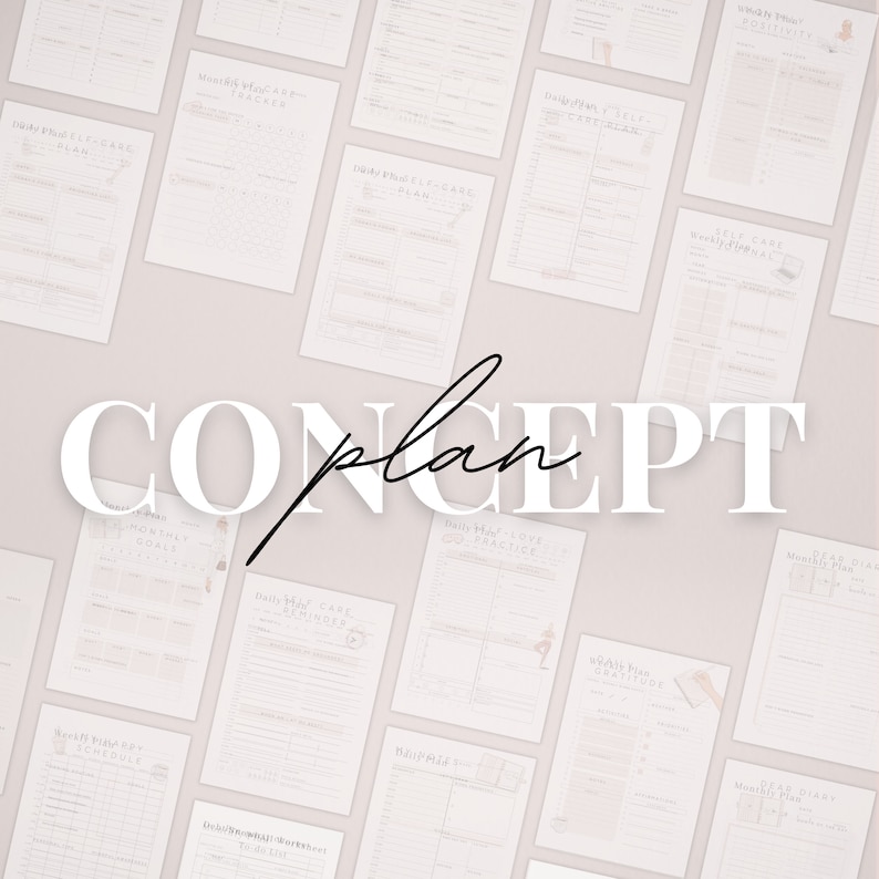 Puede incluir: Una colecci&oacute;n de p&aacute;ginas de planificador imprimibles con la palabra "CONCEPT plan" en texto blanco sobre un fondo rosa claro. Las p&aacute;ginas incluyen secciones para el cuidado personal diario, objetivos mensuales, gratitud diaria y m&aacute;s.