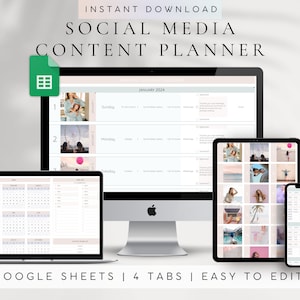May include: A digital content planner for social media, shown on a computer screen, tablet, and phone. The planner is organised by day and includes space for content ideas, captions, and hashtags. The planner is designed to be used with Google Sheets and has four tabs. The text on the screen reads "JANUARY 2024".