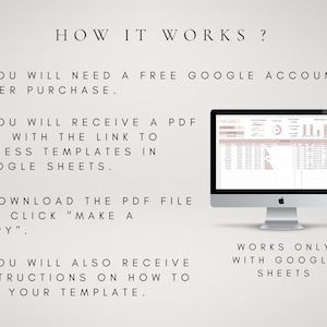 May include: A computer screen displaying a Google Sheets spreadsheet with a pink and white color scheme. The text "Invoice" is visible at the top of the spreadsheet. The screen is accompanied by a text description explaining how to use the spreadsheet template. The text reads: "You will need a free Google account after purchase. You will receive a PDF file with the link to access templates in Google Sheets. Download the PDF file and click "Make a copy". You will also receive instructions on how to use your template. Works only with Google Sheets."