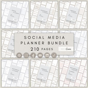 Könnte beinhalten: Ein Social-Media-Planer-Bundle mit 210 Seiten, darunter Planer für Facebook, TikTok, LinkedIn, Pinterest und Instagram. Die Planer sind im minimalistischen Stil mit beigefarbenem Hintergrund und schwarzem Text gestaltet. Das Bundle wurde mit Canva erstellt.
