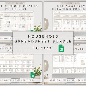 Könnte beinhalten: Ein digitales Produktpaket mit 18 Google Sheets-Vorlagen für die Haushaltsorganisation. Das Paket beinhaltet einen Familien-Hausaufgabenplan, einen täglichen und wöchentlichen Reinigungs-Tracker, einen Monats-Planer und einen Essensplaner. Die Vorlagen sind einfach zu bearbeiten und in einem minimalistischen Beige- und Weiß-Farbschema gestaltet.