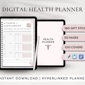 Peut inclure: Un planificateur de santé numérique avec une couverture rose et blanche. Le planificateur comprend 160 autocollants cadeaux, 50 pages et 100 couvertures. Le planificateur est hyperlié et comprend une section pour suivre la prise de vitamines et de suppléments.