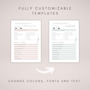 May include: Two printable templates for emergency contacts. The templates are customizable and feature a pink and green colour scheme. Each template includes sections for hospital, family doctor, and emergency numbers.