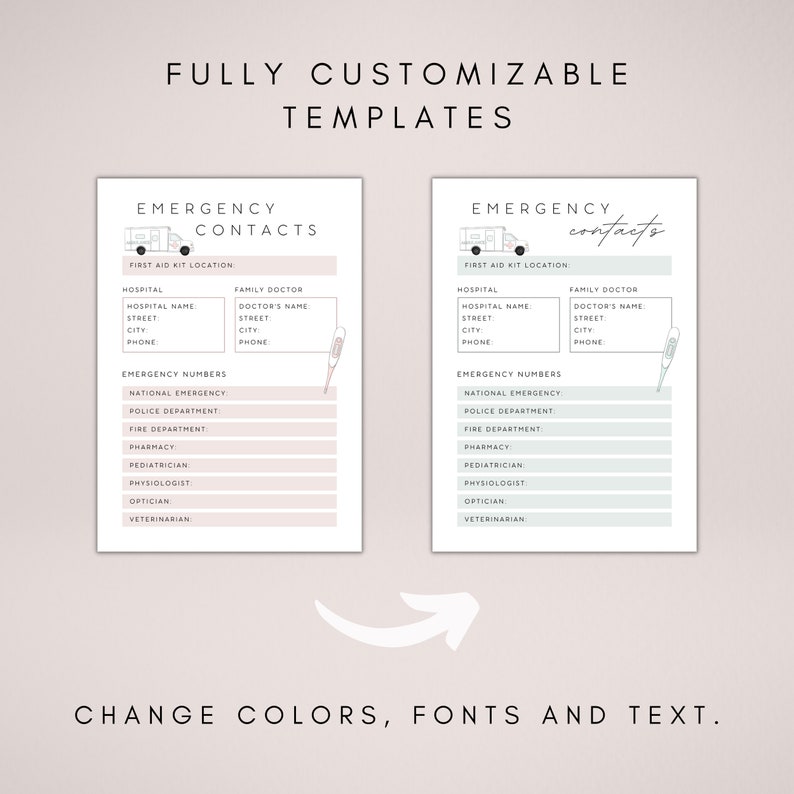 May include: Two printable templates for emergency contacts. The templates are customizable and feature a pink and green colour scheme. Each template includes sections for hospital, family doctor, and emergency numbers.