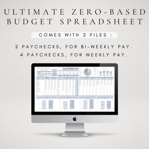 Może przedstawiać: Monitor komputerowy wyświetlający arkusz kalkulacyjny budżetu. Tekst głosi: Comes with 2 files: 2 paychecks, for bi-weekly pay. 4 paychecks, for weekly pay. Ekran pokazuje szczeg&oacute;łowy interfejs do śledzenia finans&oacute;w z wykresami i tabelami.