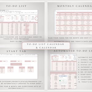 May include: A digital spreadsheet template featuring a to-do list, monthly calendar, start tab, and automated to-do list. The interface uses a soft pink and white colour scheme with organised tables, progress charts, and date-tracking features.