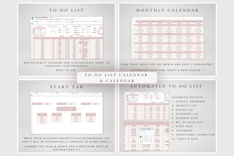 May include: A digital spreadsheet template featuring a to-do list, monthly calendar, start tab, and automated to-do list. The interface uses a soft pink and white colour scheme with organised tables, progress charts, and date-tracking features.