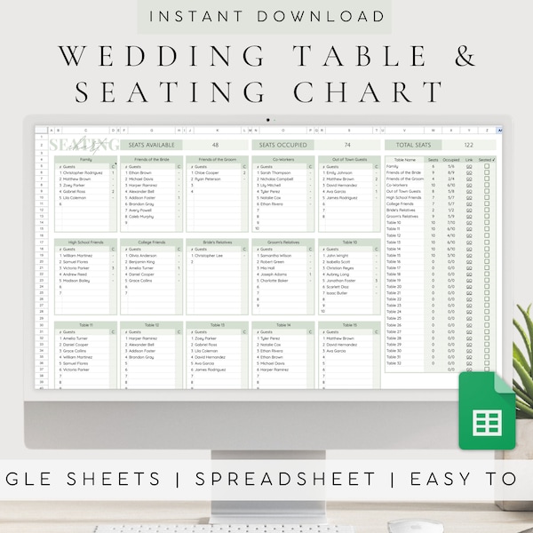 Wedding Planning Template for Google Sheets | Wedding Table Seating Chart | Instant Download Wedding Template | Reception Table Planner