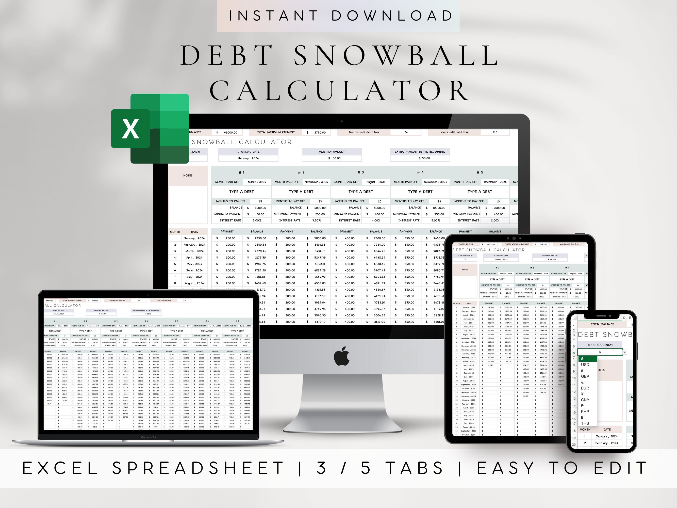 Debt Snowball Calculator Excel Template | Debt Payoff Tracker Excel| Student Loan Payoff| Debt Payoff Chart| House Debt Payoff| Debt Tracker