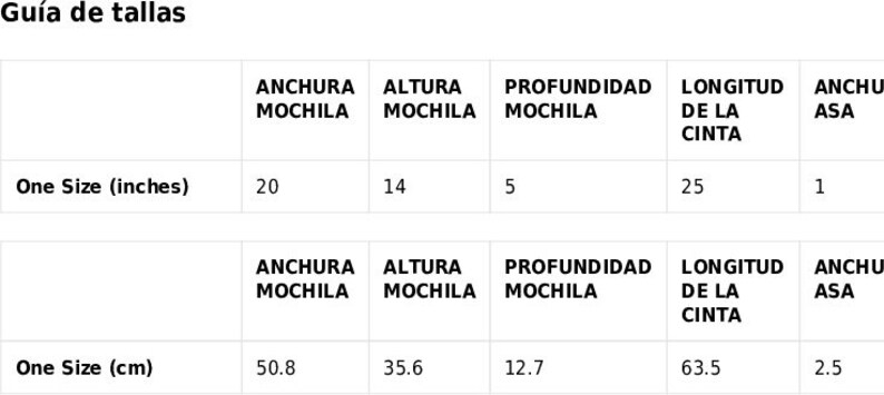 Pode incluir: Tabela de tamanhos para uma mochila em polegadas e cent&iacute;metros. A tabela mostra a largura, a altura, a profundidade, o comprimento da al&ccedil;a e a largura da al&ccedil;a da mochila.