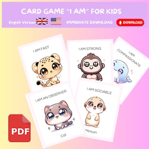 I Am Affirmation Cards Game for Children - Digital Educational Game for Kids: Discover Animals and Personal Strengths, Immediate Download