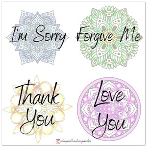 Könnte beinhalten: Vier bunte Mandalas mit verschiedenen Botschaften: "Es tut mir leid", "Vergib mir", "Danke", und "Ich liebe dich".