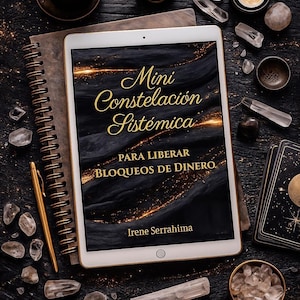 以下が含まれることがあります： タブレットには、金色の文字で「Mini Constelación Sistémica」というタイトルと「Para Liberar Bloqueos de Dinero」というサブタイトルが表示されています。タブレットは、暗い表面にクリスタル、キャンドル、ノート、ペン、タロットカードに囲まれています。
