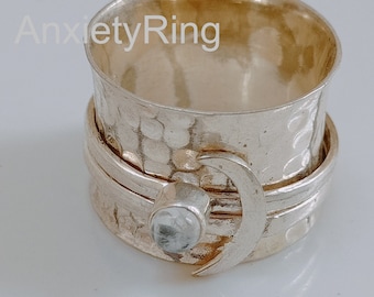 Sterling Silver Moonstone Spinner Ring, Crescent Moon Fidget Band, Boho Celestial Jewelry