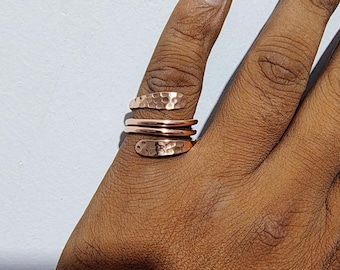 Hammered Copper Bypass Ring, Solid Handmade Boho Statement Jewelry