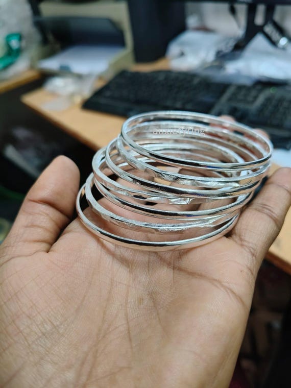 Sterling Silver Stacking Bangles Set: Hammered 7-day Bracelets