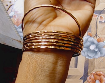 Set of 7 Hammered Copper Bangles, Handmade Boho Stackable Bracelets for Women