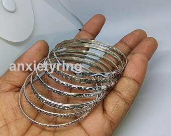 925 Sterling Silver Bangle, Set of 7 Bangle Leaf and Fish